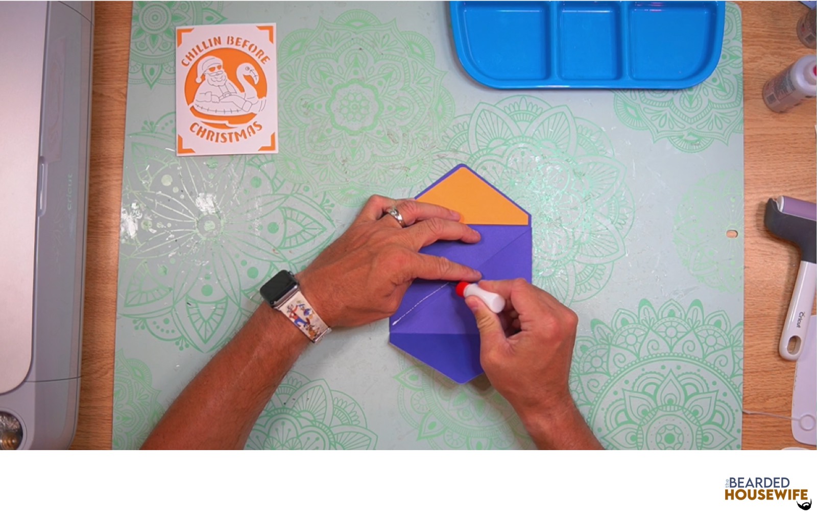add glue along the bottom of the side flaps