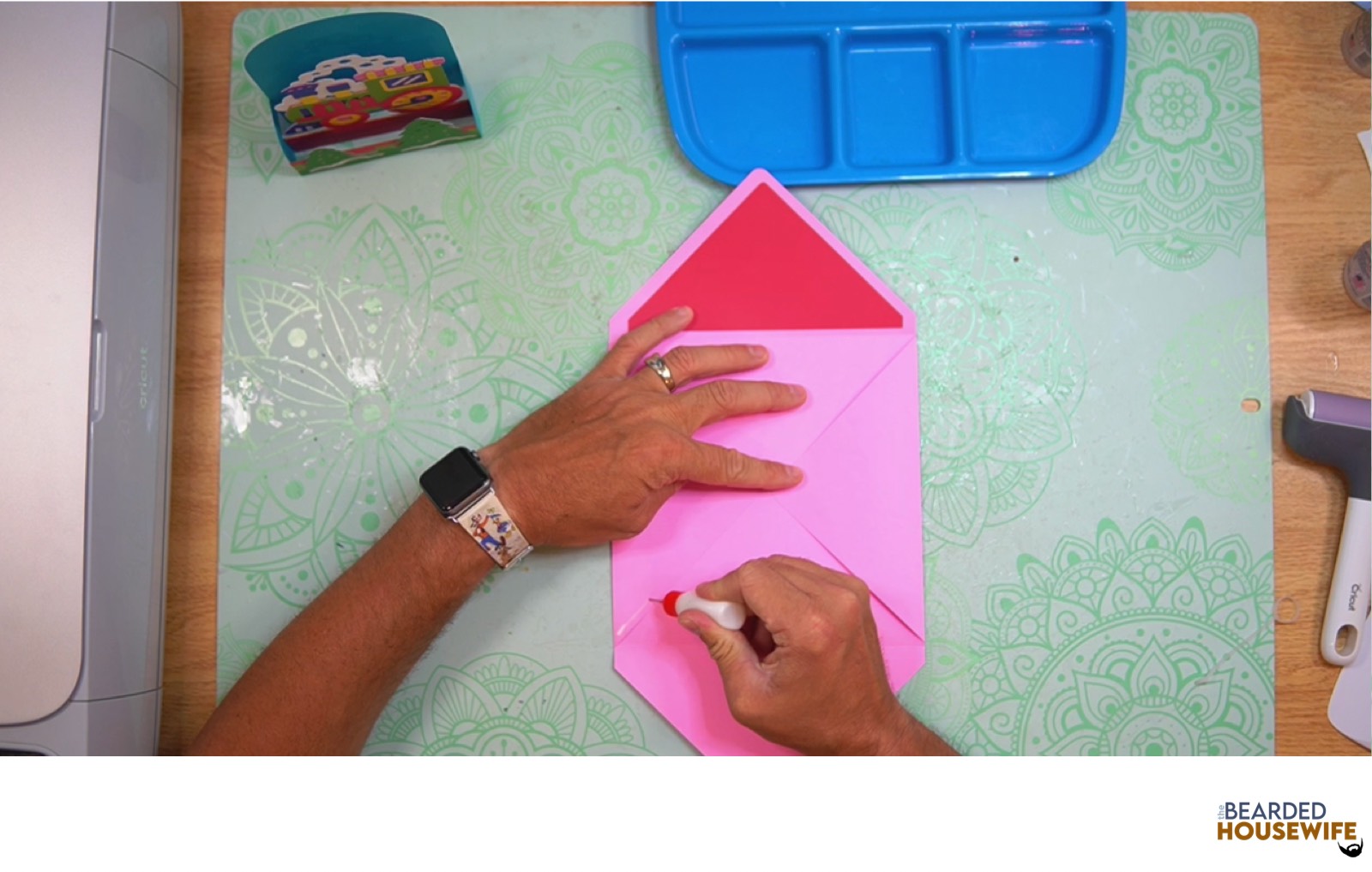 add glue along the bottom of the side flaps