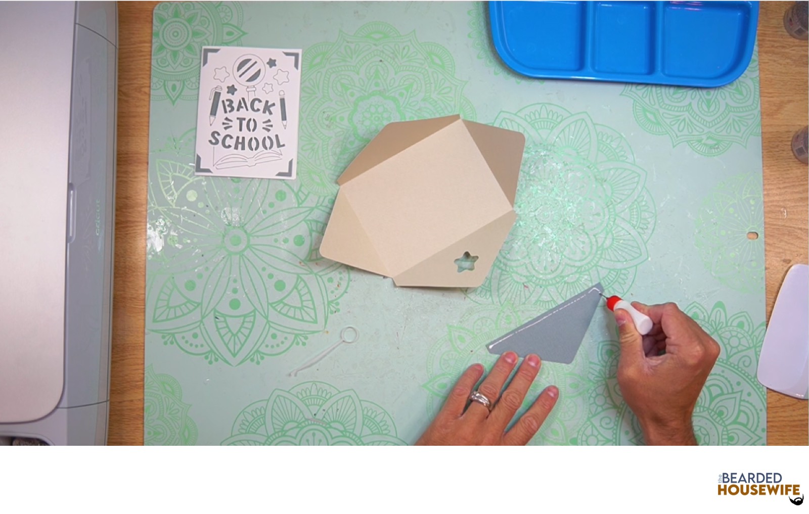 add glue along the outer edge of the inlay panel