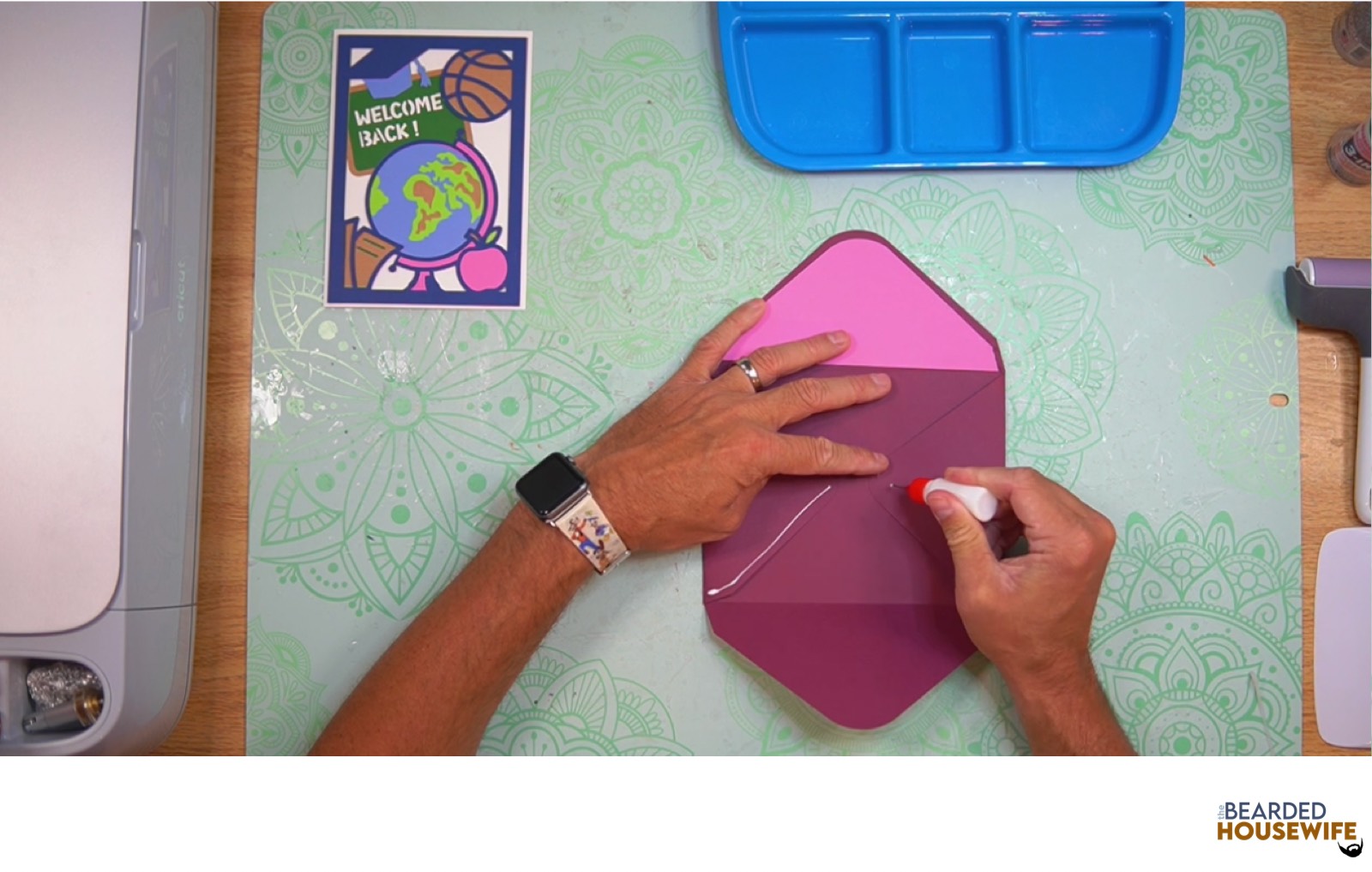 add glue along the bottom of the side flaps