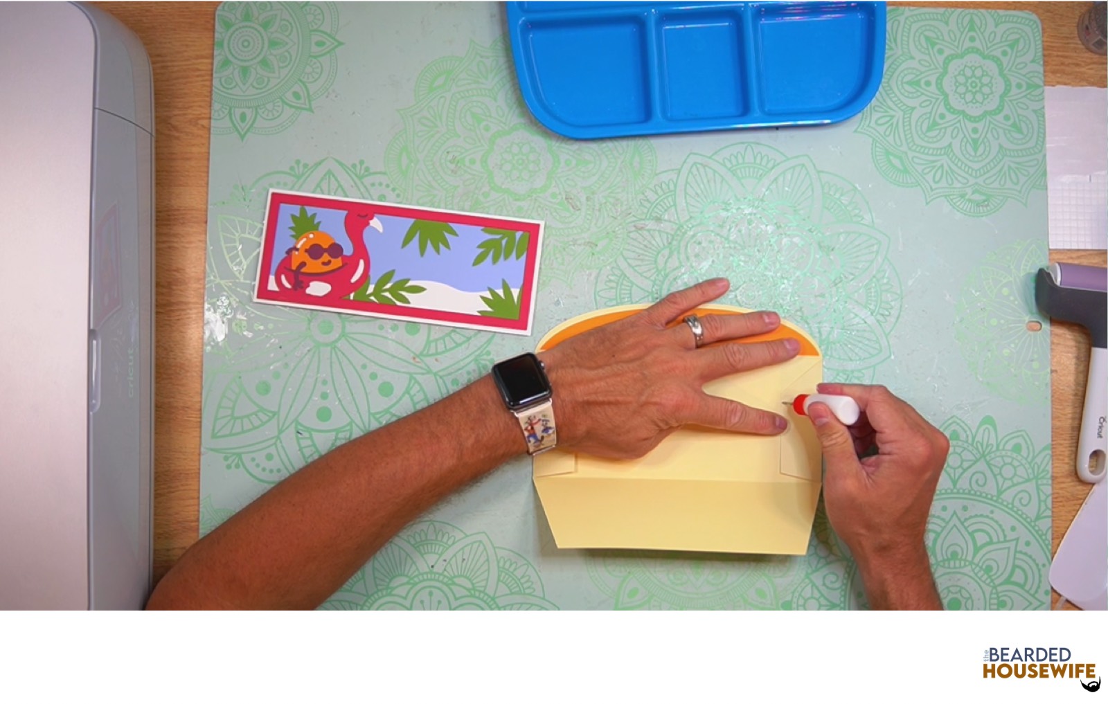 add glue along the bottom of the side flaps