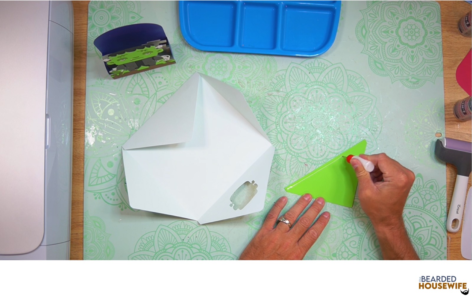 add glue along the bottom of the side flaps