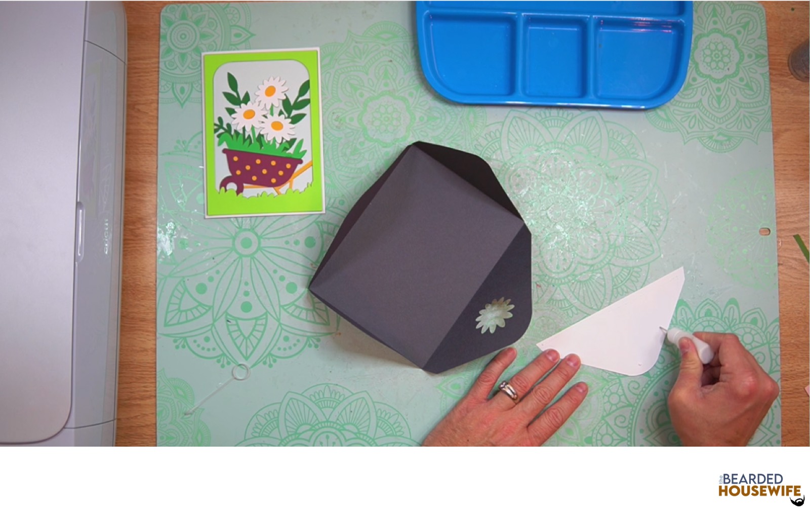 add glue along the outer edge of the inlay panel
