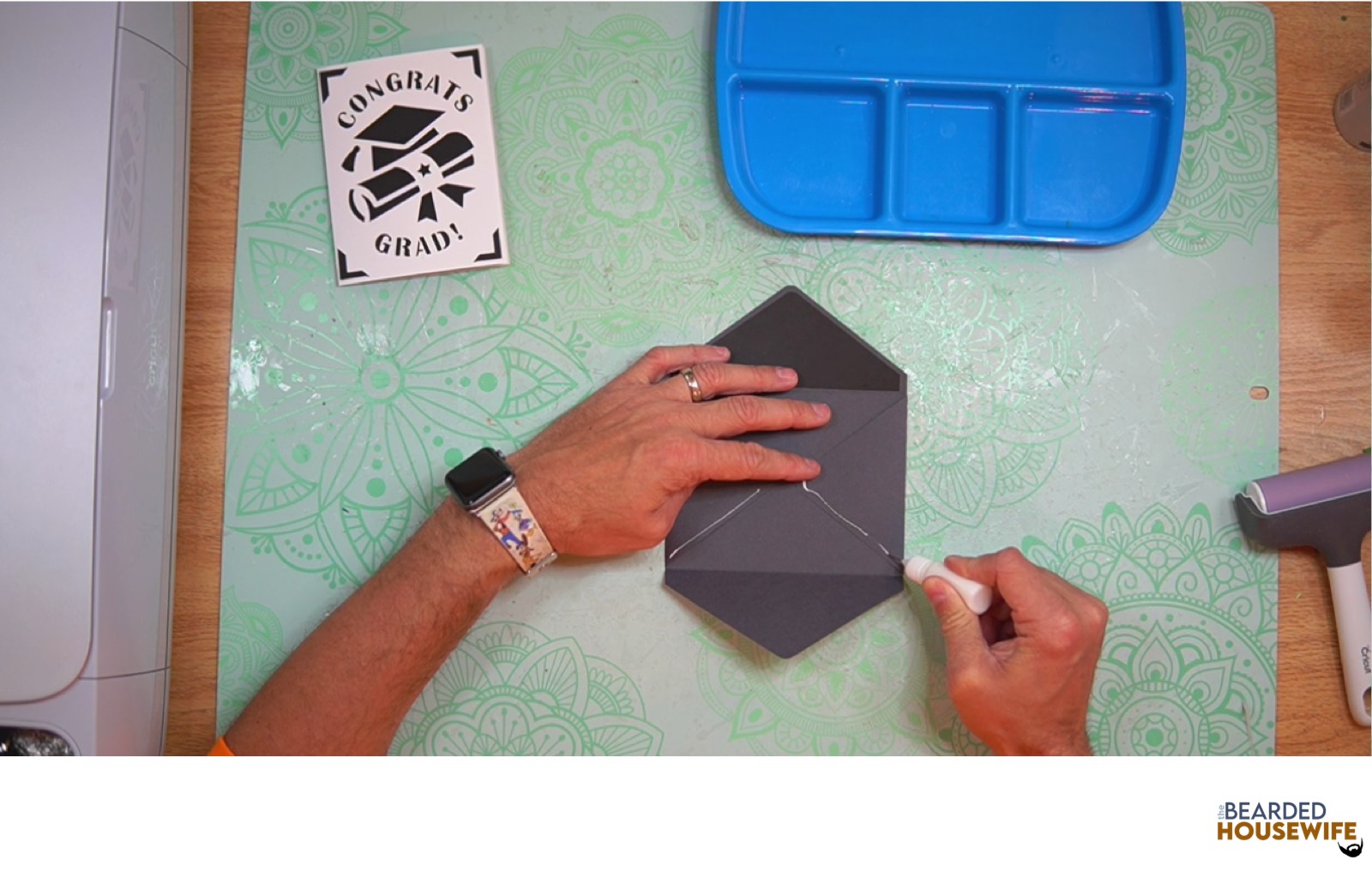 add glue along the bottom of the side flaps