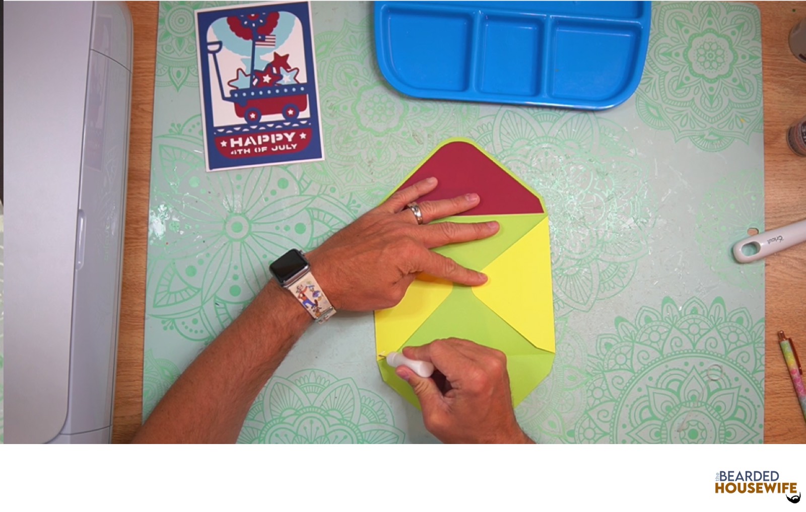 add glue along the bottom of the side flaps